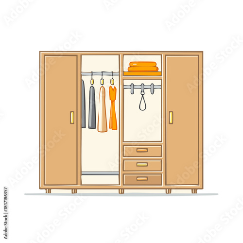 Open Wooden Wardrobe with Hanging Clothes, Folded Towels, and Drawers for Home Organization