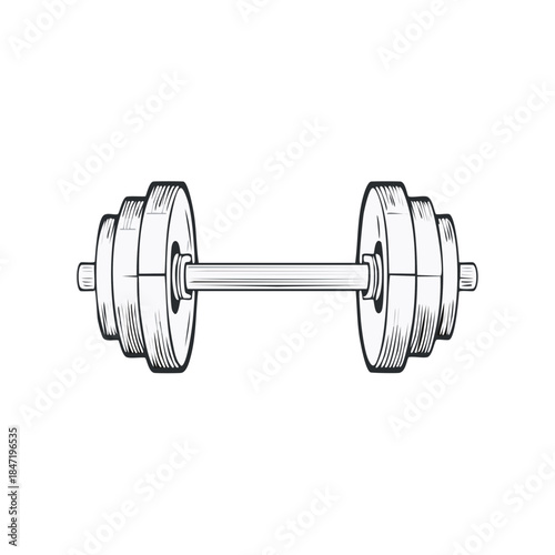 Hand-drawn illustration of a barbell with weight plates, gym equipment for strength training and muscle building.