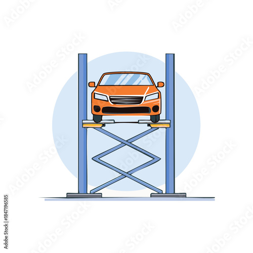 Orange Car Elevated on Scissor Lift for Maintenance Repair in Automotive Garage