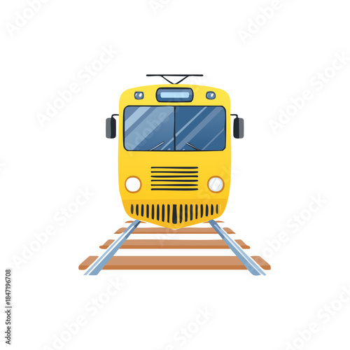 Yellow commuter train illustration arriving on rails, view from the front conveying transportation, urban travel, and public transit for city commuters