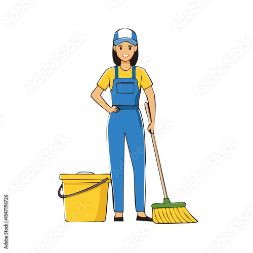 Smiling Woman with Broom and Bucket Ready for Cleaning Duties Cartoon Style