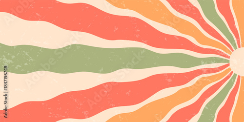 Retro groovy sun burst flat background with sunshine burst, wavy sun rays in yellow and orange hues. Y2k and grunge elements merge for a vintage mood, ideal for abstract, playful wallpaper design in