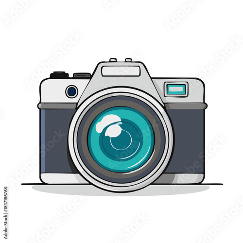 Classic Camera Illustration with Teal Lens and Simplistic Design