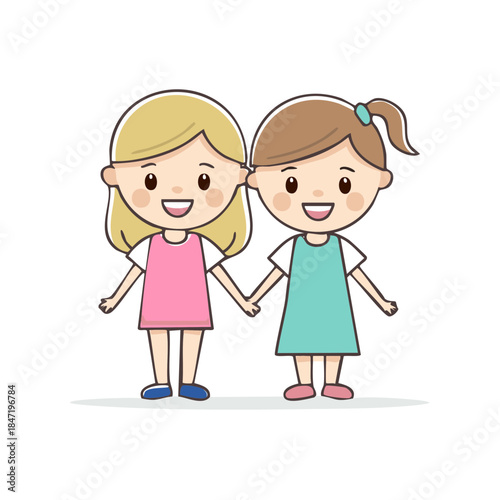 Cartoon girls holding hands together. Friendship and childhood concept for kids illustration