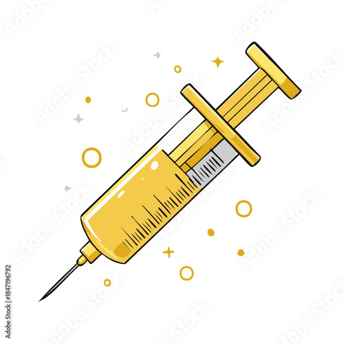 Golden Syringe Filled with Liquid: Medical Treatment Concept, Vaccine, Drug Injection, Shiny Vector Art