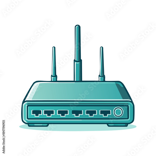 Illustration of a turquoise wireless router with three antennas for internet access and connectivity