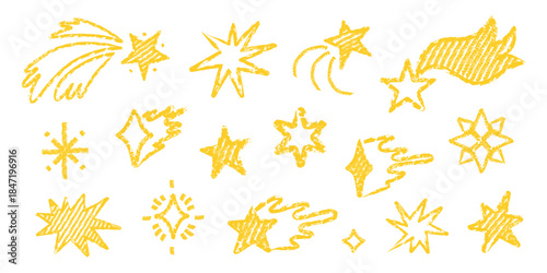Hand drawn crayon star doodle set with bright yellow sparkling shapes. Childlike chalk and charcoal textures creating whimsical star figures in playful sketch style.