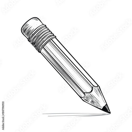 Stylized pencil drawing illustration with eraser writing on paper, black ink rendering and shading for detailed graphics.