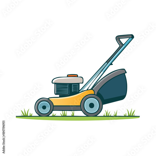 Cartoon lawnmower on grass field ready for mowing, icon for agriculture or lawn care services