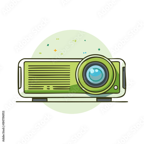 Isolated vector illustration of a modern projector with a large lens and cooling grill against a circular background
