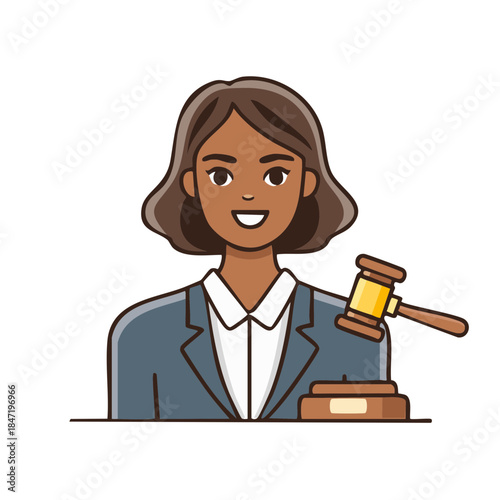 Confident Judge with Gavel Delivering Justice in Courtroom Illustration