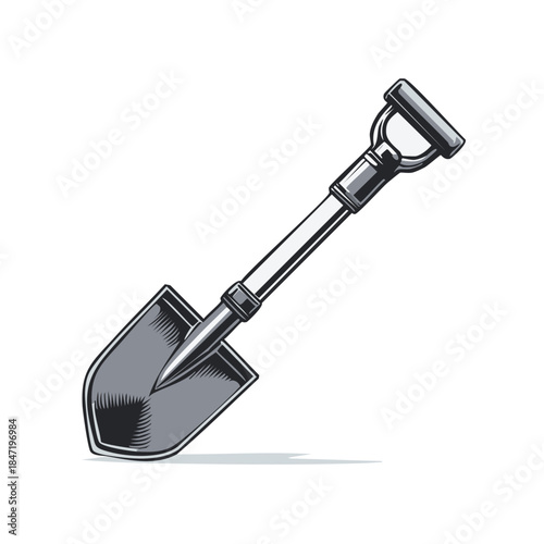 Illustration of a metal shovel for digging, gardening or construction work equipment with a handle, and a blade, tool