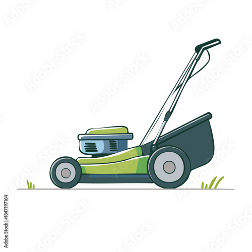 Green lawn mower illustration - Garden equipment, yard care appliance, grass trimming tool, landscaping equipment, gardening work.