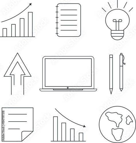 Minimal line office and marketing icons set. Business, analytics and creative workspace elements in outline style. Minimal  set with laptop, charts, documents, globus, pen, notebook.