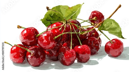 Fresh cherries with stems and leaves isolated on white background