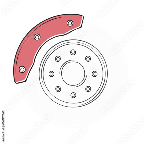 Auto Part: Disc Brake System with Red Caliper Illustrated Drawing