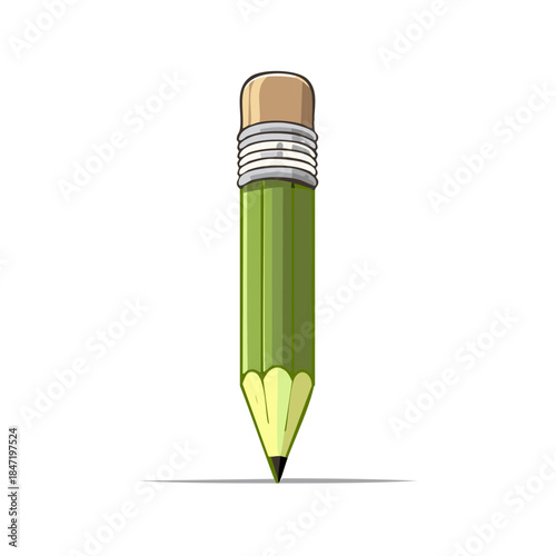 A brightly colored green pencil stands upright, poised to write with its sharp point and capped with an eraser, illustration