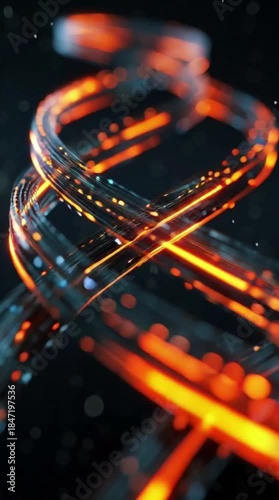 A luminous helix of glowing orange and blue light particles spirals elegantly against a deep dark background.