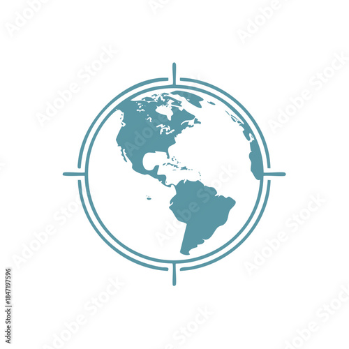 Globe Icon: Stylized World Map Within Circular Target Aiming Symbol, Navigation and Global Focus Concept