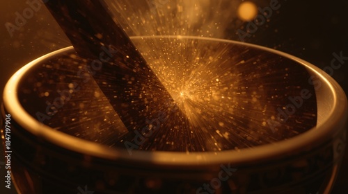A glowing Tibetan singing bowl releases golden particles as it is played with a wooden mallet.