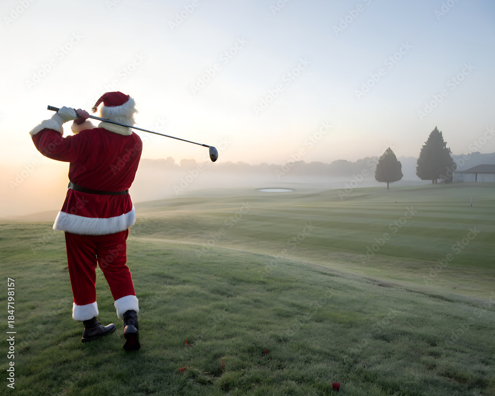 Fototapeta premium Santa Claus playing golf on a misty morning.
