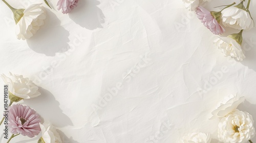 Soft pastel flowers frame the edges of a white textured background, creating a clean and elegant layout.