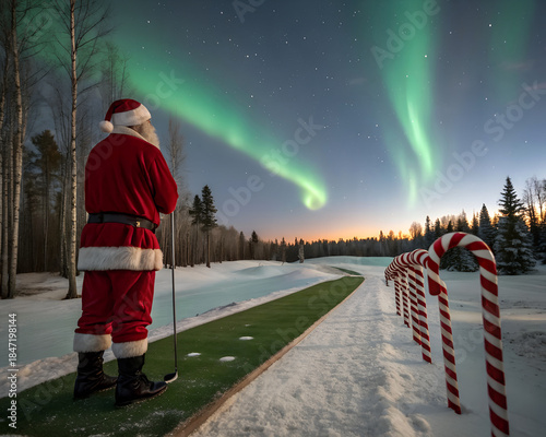 Santa Claus enjoys a round of winter golf under the spectacular Northern Lights.
