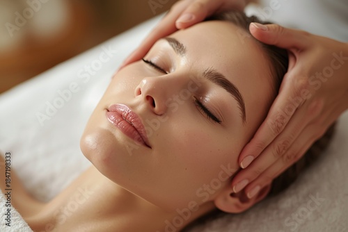 A woman relaxes with her eyes closed during a calming facial massage.