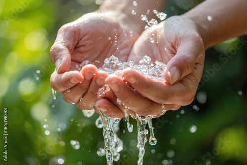 Hands gently catching flowing water under natural sunlight.