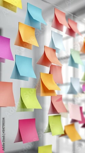 A vibrant wall covered with countless colorful sticky notes displays a bustling hub of ideas and reminders.