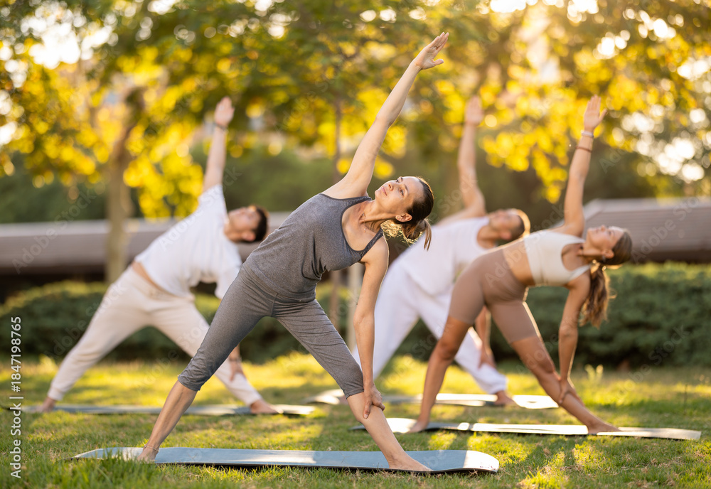 Naklejka premium Woman leading active lifestyle, exercising under summer sun on bright green meadow in park, performing dynamic asanas during group session to improve body flexibility, balance, and core strength