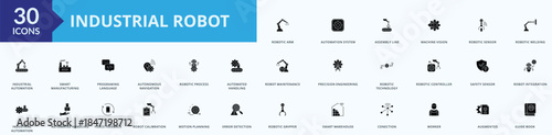 Industrial Robot Icon Pack Illustration Vector with robotic arm, automation system, assembly line, machine vision, robotic sensor, robotic welding, industrial automation, smart manufacturing