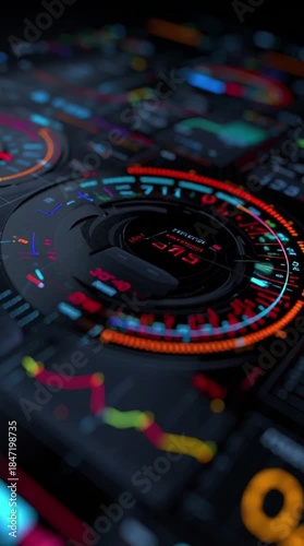Detailed close-up of a futuristic dashboard interface displaying various data metrics and glowing elements.
