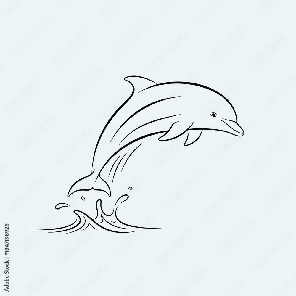 Fototapeta premium Dolphin leaping out of water, black and white line art illustration.