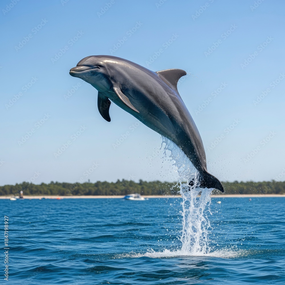 Obraz premium Dolphin leaps from ocean, a captivating marine spectacle.
