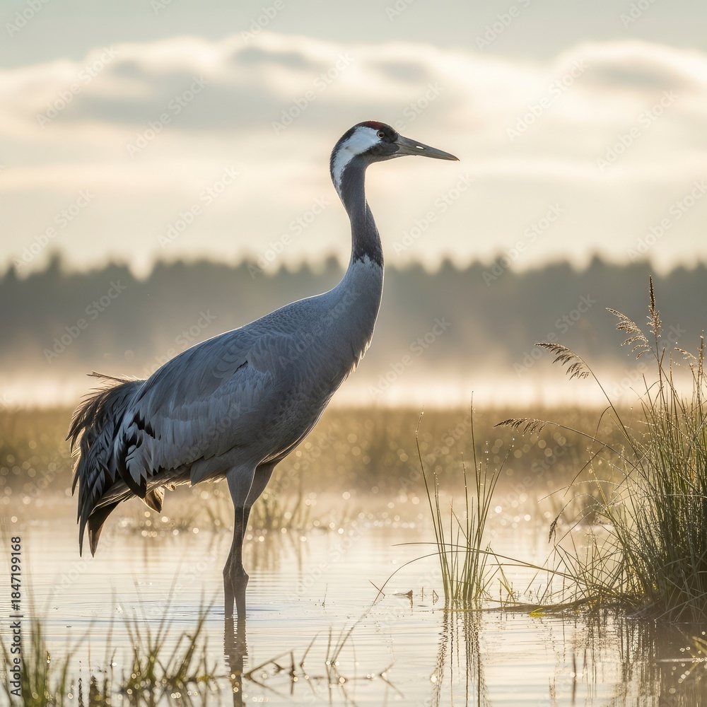 Obraz premium Elegant Common Crane Standing in Misty Wetland at Sunrise.