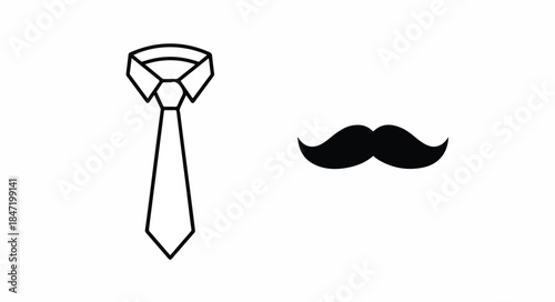 Simple line drawing of a necktie and mustache on a white background with minimalist style.