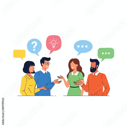 Illustration depicts a group of people in discussion, with speech bubbles above them