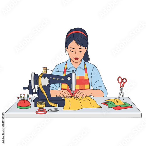 A woman sews at her table with a machine and fabric, with tools around her