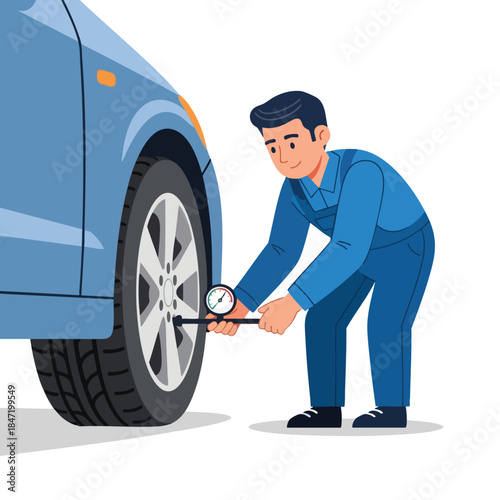 A mechanic in blue overalls checks a car tire's pressure with a gauge