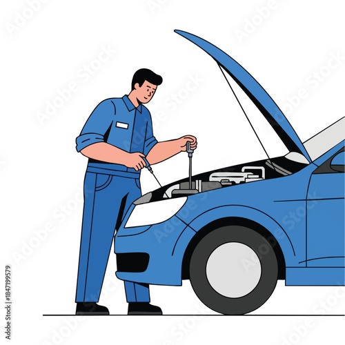 A mechanic in blue overalls repairs a blue car with its hood open