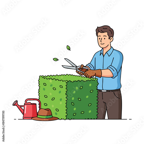 Cartoon of a man trimming a hedge with scissors, with a hat and watering can
