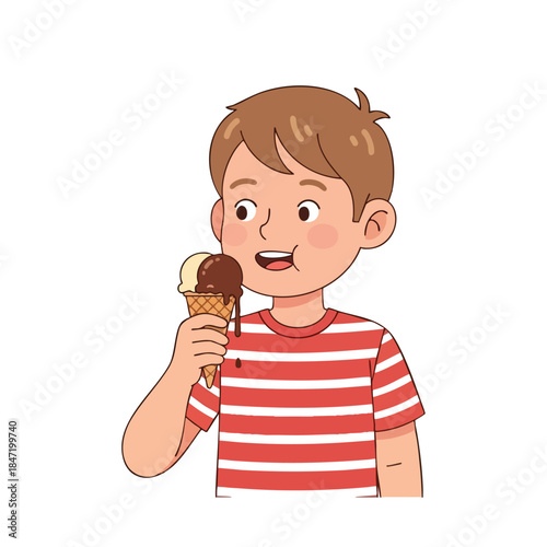 A cartoon child eats ice cream, a cone with two flavors, chocolate and vanilla