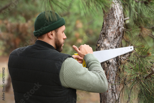 Male lumberjack sawing tree...