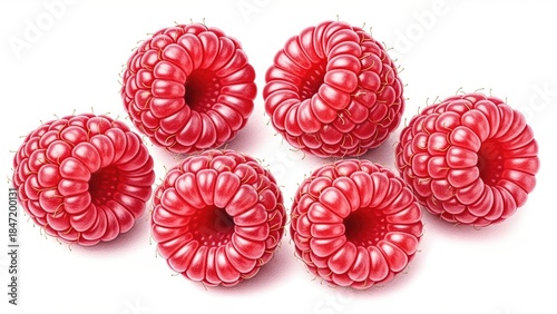 Six fresh raspberries arranged in a circle on a white background