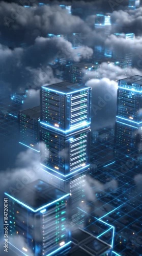 A futuristic cityscape emerges from digital clouds with glowing blue cubical buildings representing advanced technology and networking.