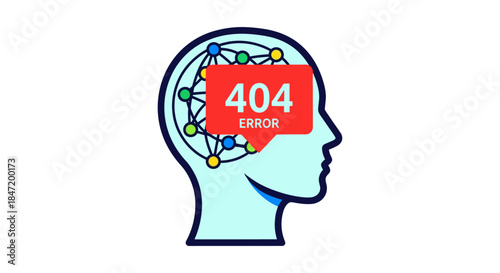 404 error brain illustration showing human head with neural network nodes and failure message concept art for mental overload and burnout
