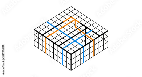 abstract data cube diagram with grid and colored lines representing big data analytics pipeline and database network architecture