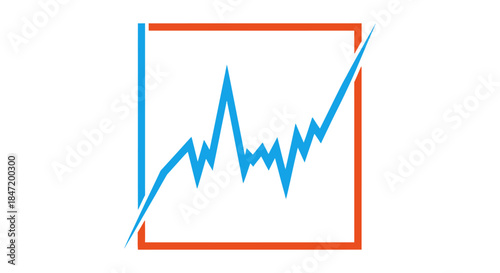 blue rising line chart icon with sharp zigzag trend inside red rectangular frame on white background symbolizing business growth analytics
