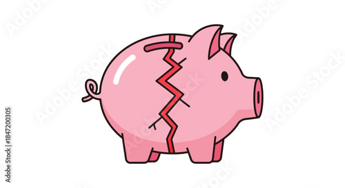 broken piggy bank icon with crack and bandage on white background symbolizing debt savings loss and personal finance crisis